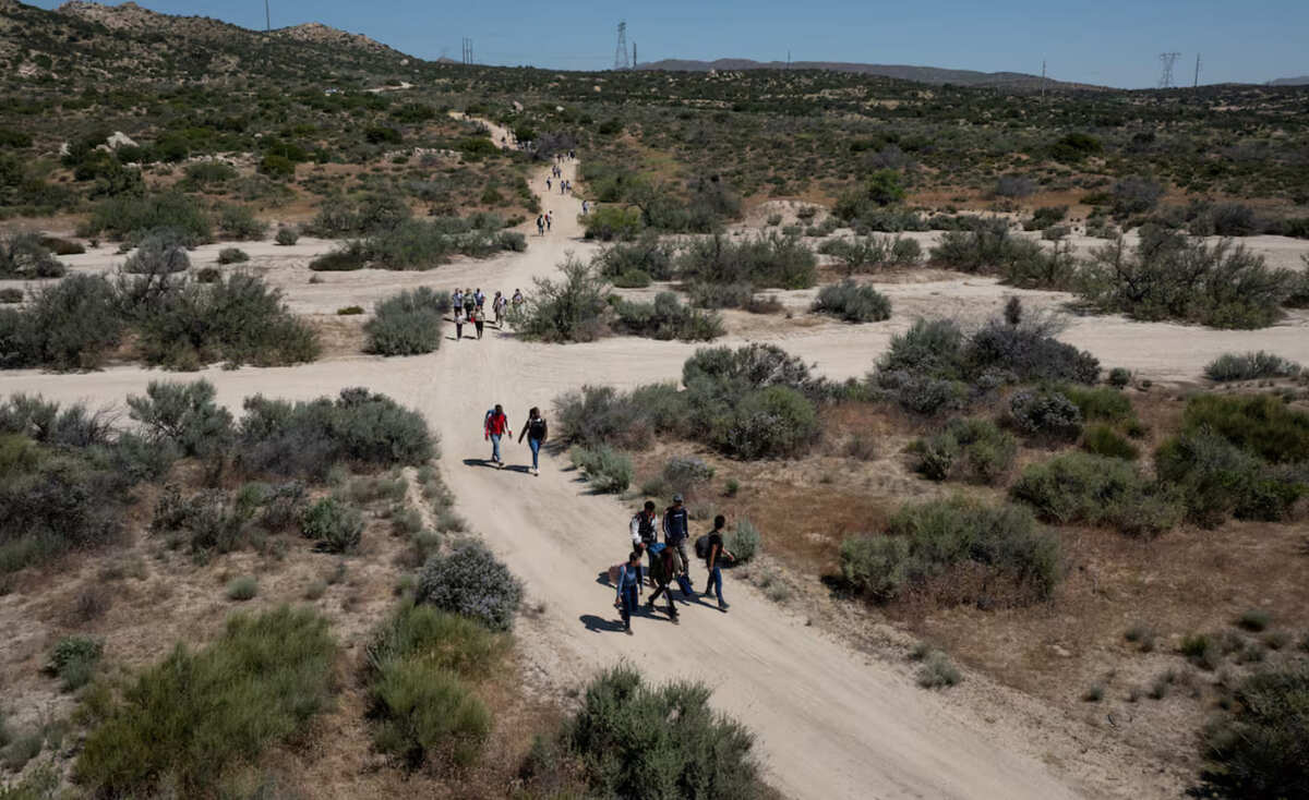 Migrantes caminan para entregarse a los funcionarios de inmigración después de cruzar la frontera hacia Estados Unidos | Foto: Reuters