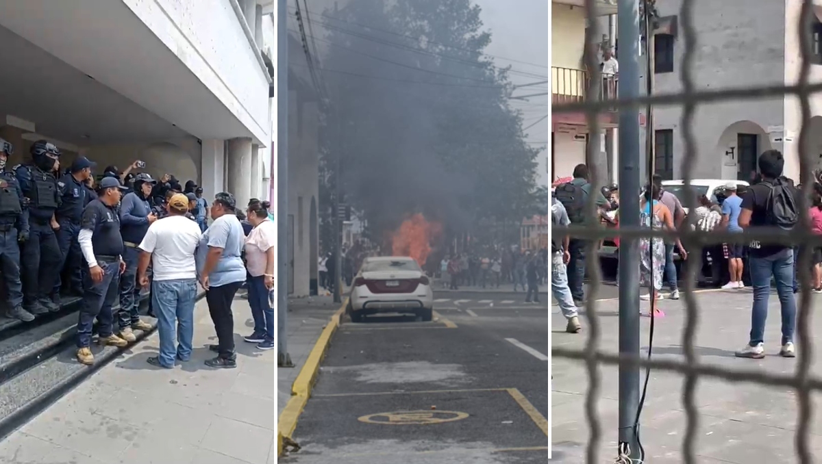 El desalojo del palacio municipal de Ixtaczoquitlán terminó en el incendio de un vehículo y el reloj de un parque. | Especial