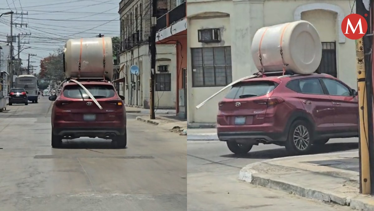 Conductor de Tampico llevando tinaco en su carro se vuelve viral