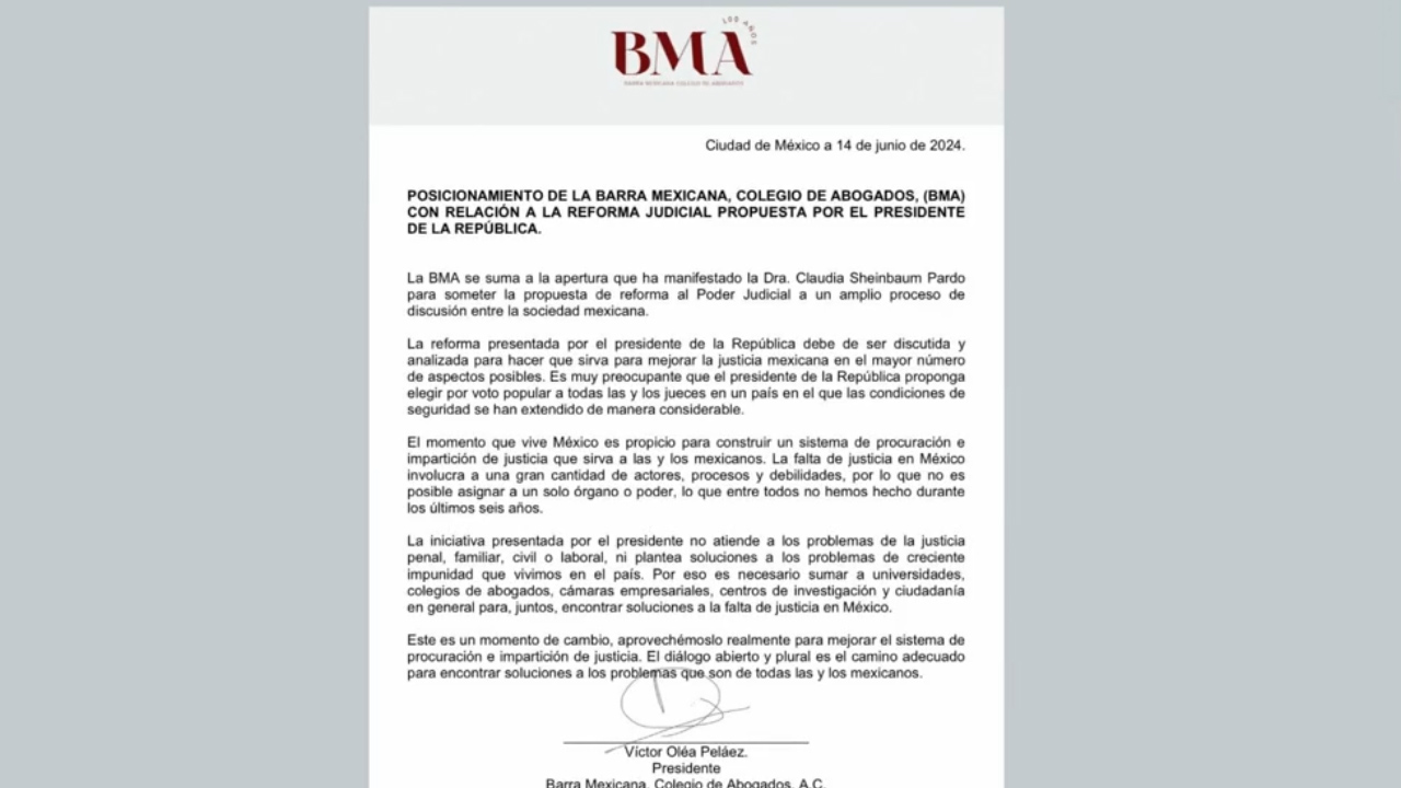Barra Mexicana de Abogados respalda reforma al Poder Judicial