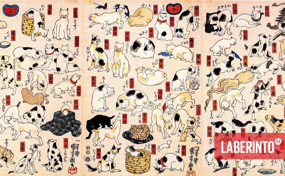 Gatos como las cincuenta y tres estaciones del Tōkaidō, grabado en madera del artista japonés Utagawa Kuniyoshi. (Wikimedia Commons)