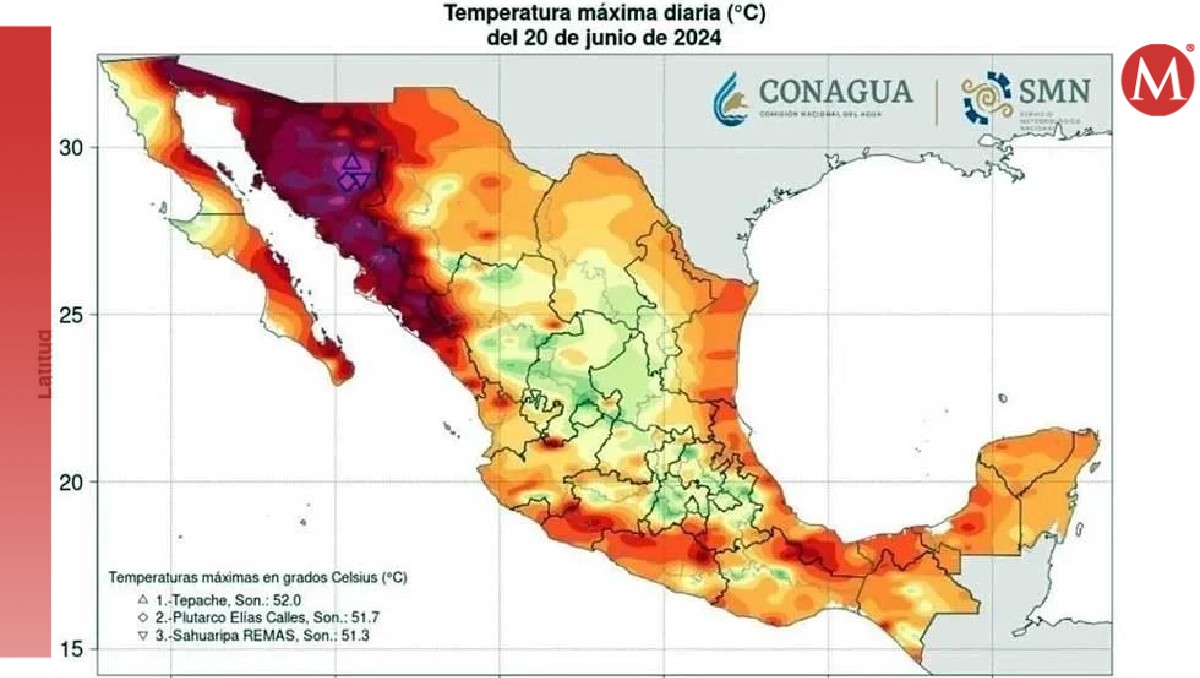 Mapa de temperaturas máximas de la Conagua en México para el 20 de junio. | SMN