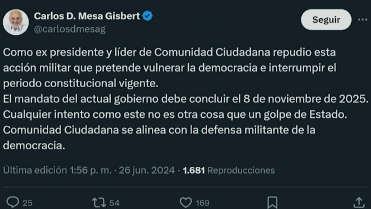Expresidente de Bolivia, Carlos Mesa, repudia intento de golpe de Estado