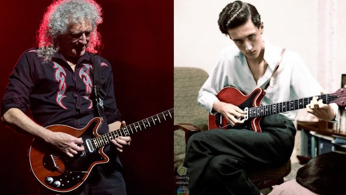 Brian May y la Red Special, su guitarra, en dos épocas.
