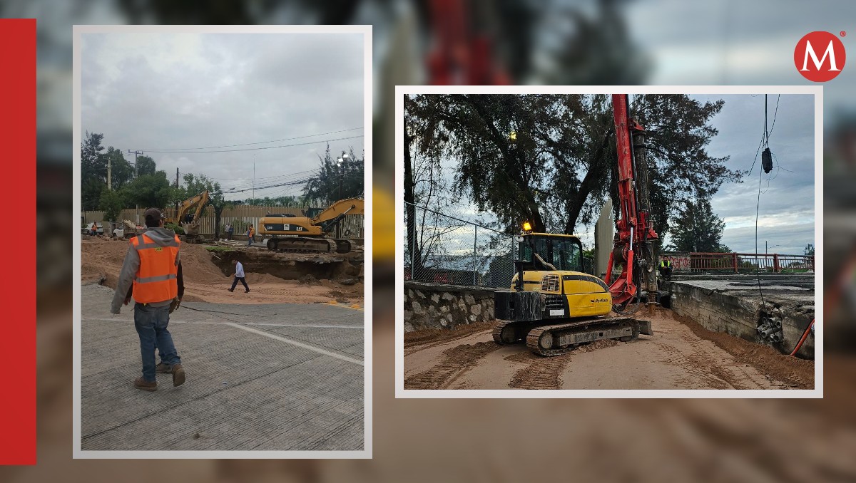 Trabajos en socavón de López Mateos en Zapopan (Fotos: X y Josefina Ruiz | Dseño: Milenio)
