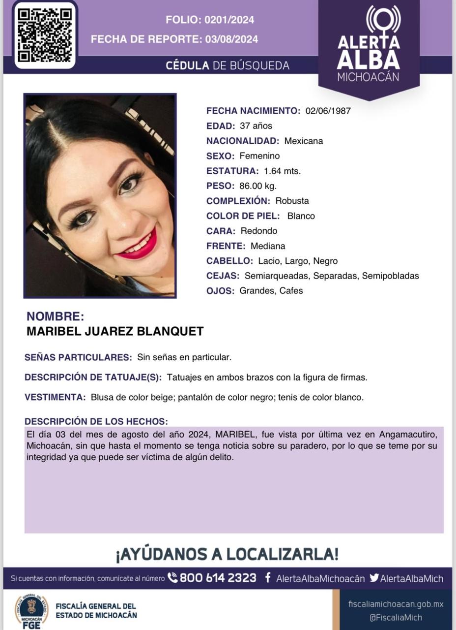 Alerta Alba por la desaparición de Maribel Juárez Blanquet, ex alcaldesa de Angamacutiro | Especial