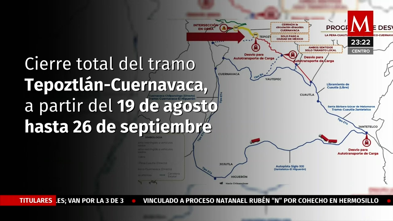 Cierre de tramo en carretera Tepoztlán-Cuernavaca por mantenimiento
