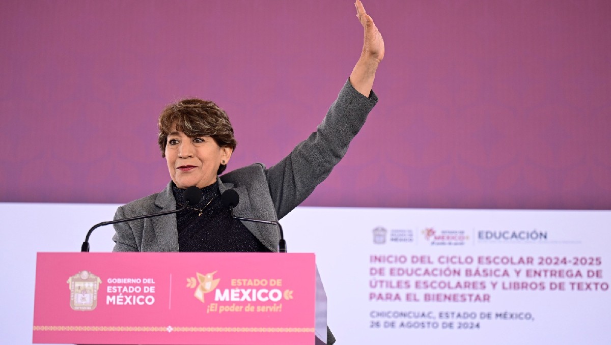 Delfina Gómez en el inicio del ciclo escolar 2024-2025 de Educación Básica. Foto: (Especial)