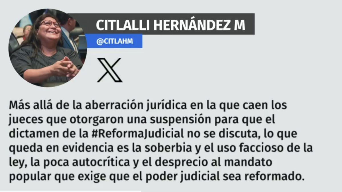 Citlalli Hernández califica de 'aberración jurídica' la suspensión contra reforma judicial