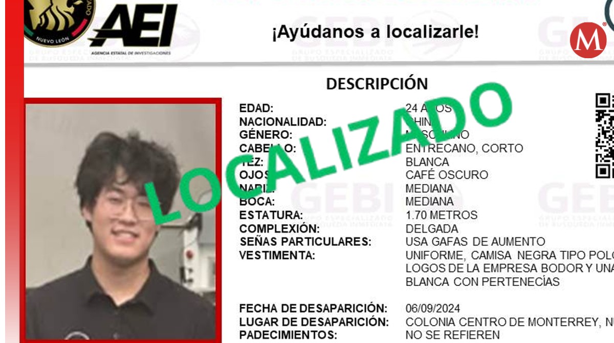 Joven chino localizado. Foto: Especial