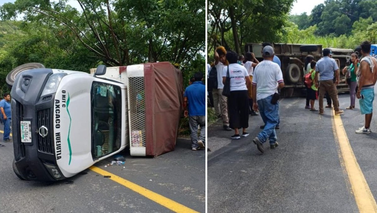 Camioneta de pasajeros vuelca sobra la carretera Pachuca-Huejutla