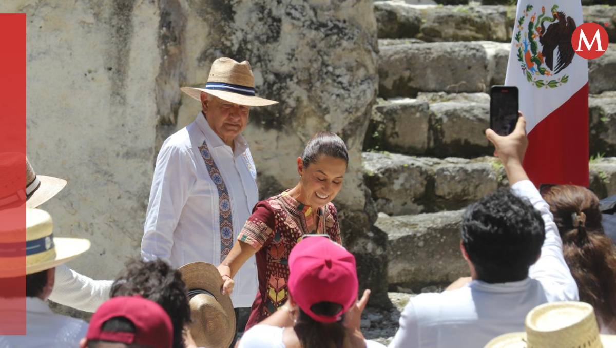 El presidente Andrés Manuel López Obrador y Claudia Sheinbaum inauguraron el museo de sitio en Kalakmul . (Jorge Carballo)