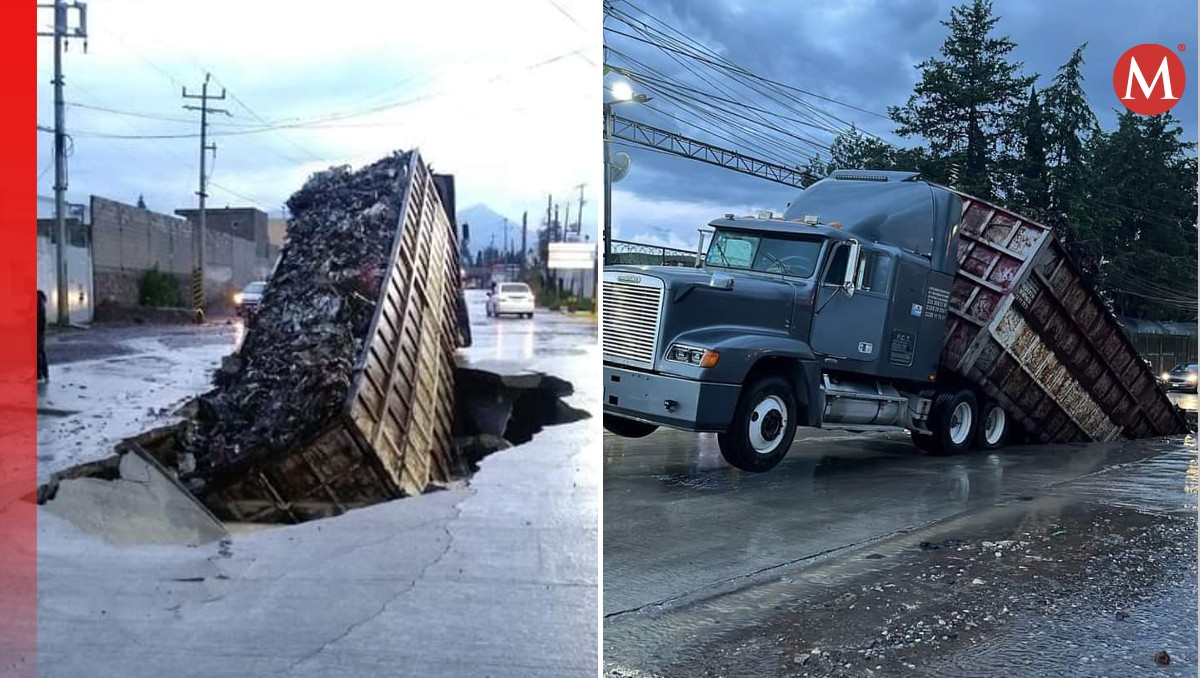 El conductor logró avanzar unos metros para no quedar atrapado en el socavón de Amozoc, Puebla. | Especial