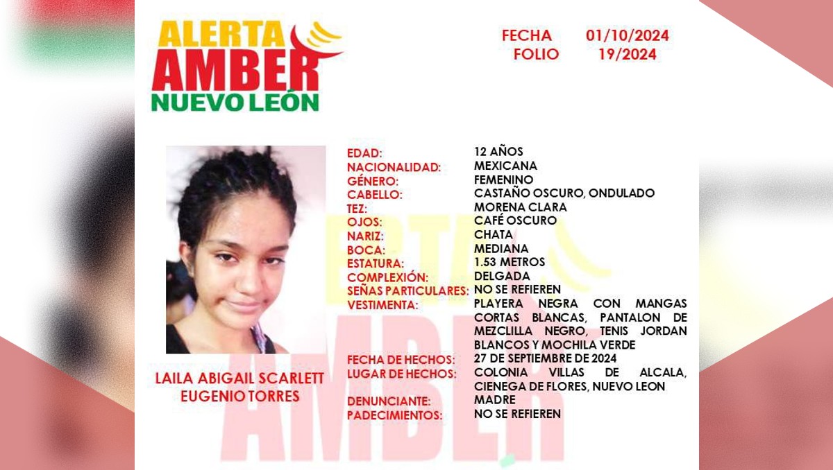 Fiscalía de Justicia de Nuevo León activó una Alerta Amber por una menor de 12 años / Especial