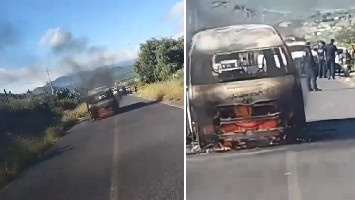 Urvan de transporte público se incendió sobre la carretera Pachuca-Tepeapulco