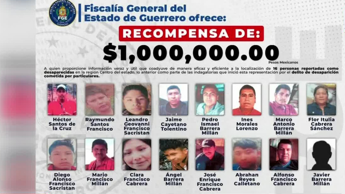 Ofrecen recompensa de 1 millón para localizar a 16 personas desaparecidas en Guerrero