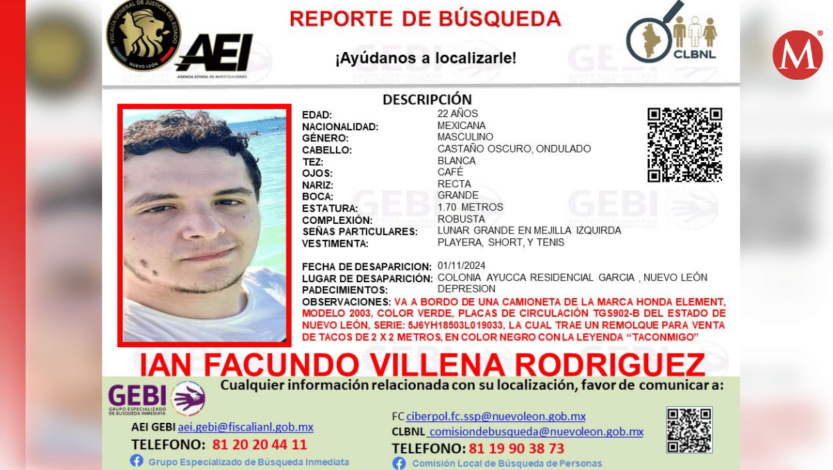 Agencia Estatal de Investigaciones activó un reporte de búsqueda por joven desaparecido / Especial.