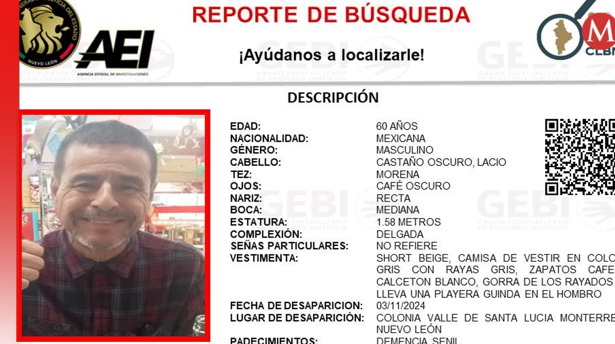 Hombre de 60 años desaparece en Monterrey. Foto: Especial