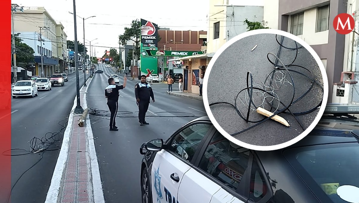 Un trailero derribó un poste de madera propiedad de una compañía telefónica en la Avenida Hidalgo de Tampico
