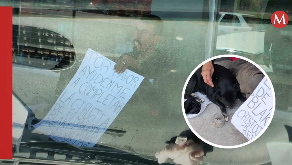 Hombre pidiendo a las afueras de un Oxxo para cirugía de su perrito. | Especial