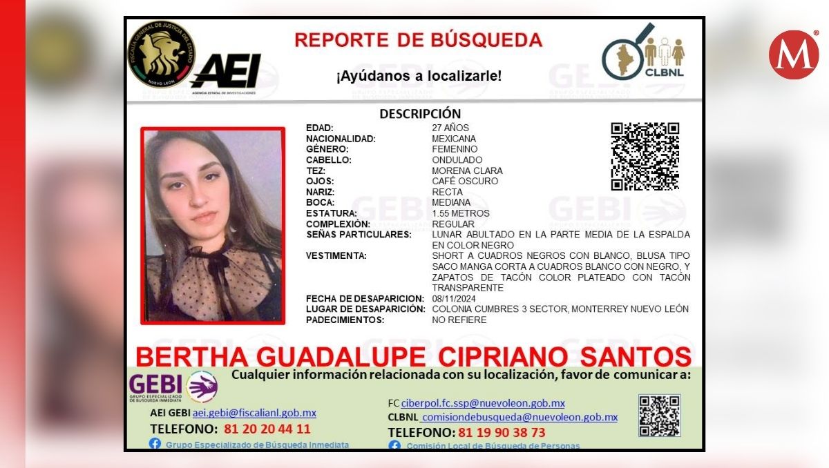 Bertha Guadalupe Cipriano Santos se encuentra desaparecida desde el pasado 8 de noviembre | Especial