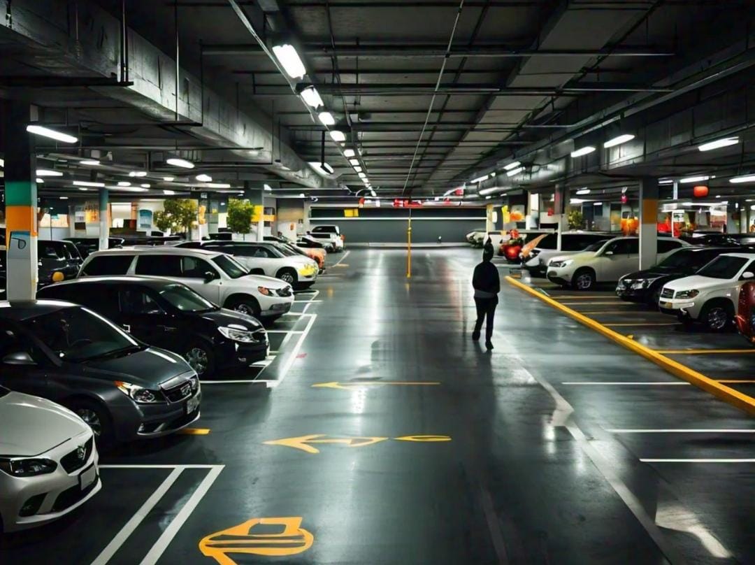 Hombre sube en sentido contrario en estacionamiento de plaza comercial (Creada con IA).