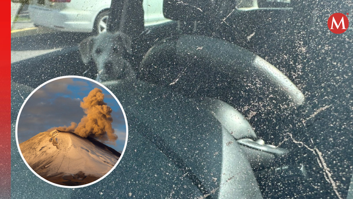 Perrito mira el parabrisas de un vehículo cubierto de ceniza volcánica del volcán Popocatépetl | Andrés Lobato