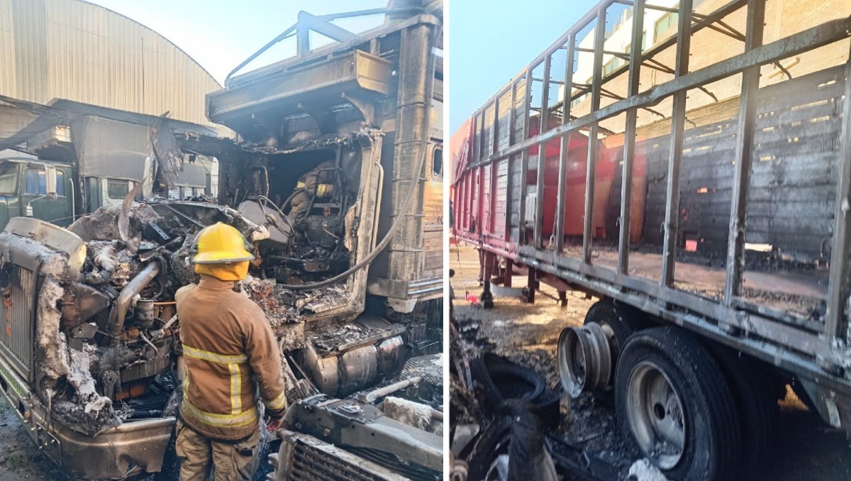 Un tracto camión, una jaula y un torton fueron afectados por el fuego