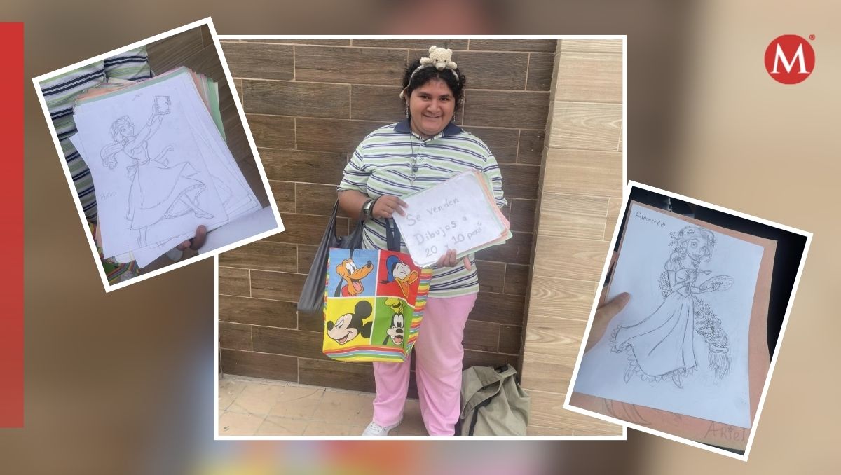 La joven tiene 29 años de edad y vende sus dibujos en Guadalupe, NL. / Especial
