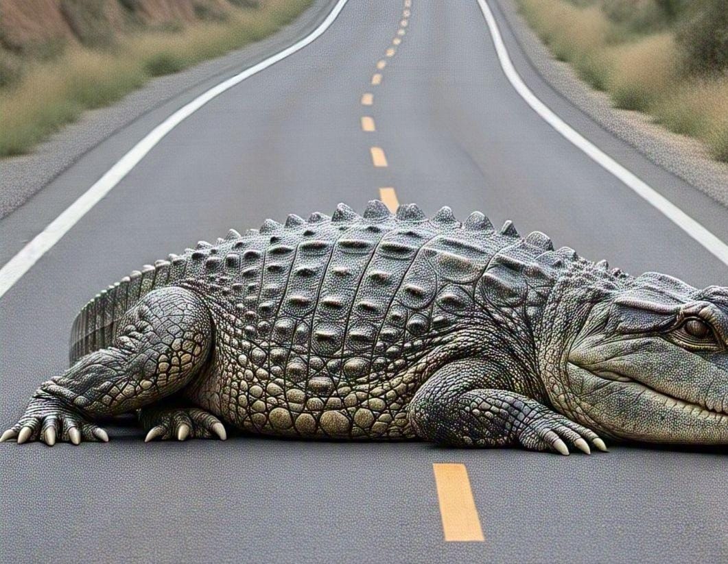 Atropellan a cocodrilo en la carretera Minatitlán–Coatzacoalcos (Creada con IA).