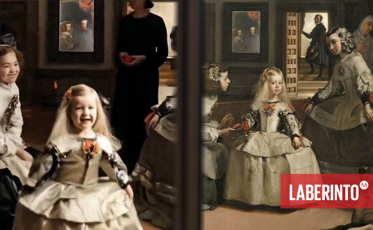 Izquierda: Las meninas', de Diego Velázquez, intervenida con IA. Derecha: detalle de la obra original. (Twitter / Wikimedia Commons)
