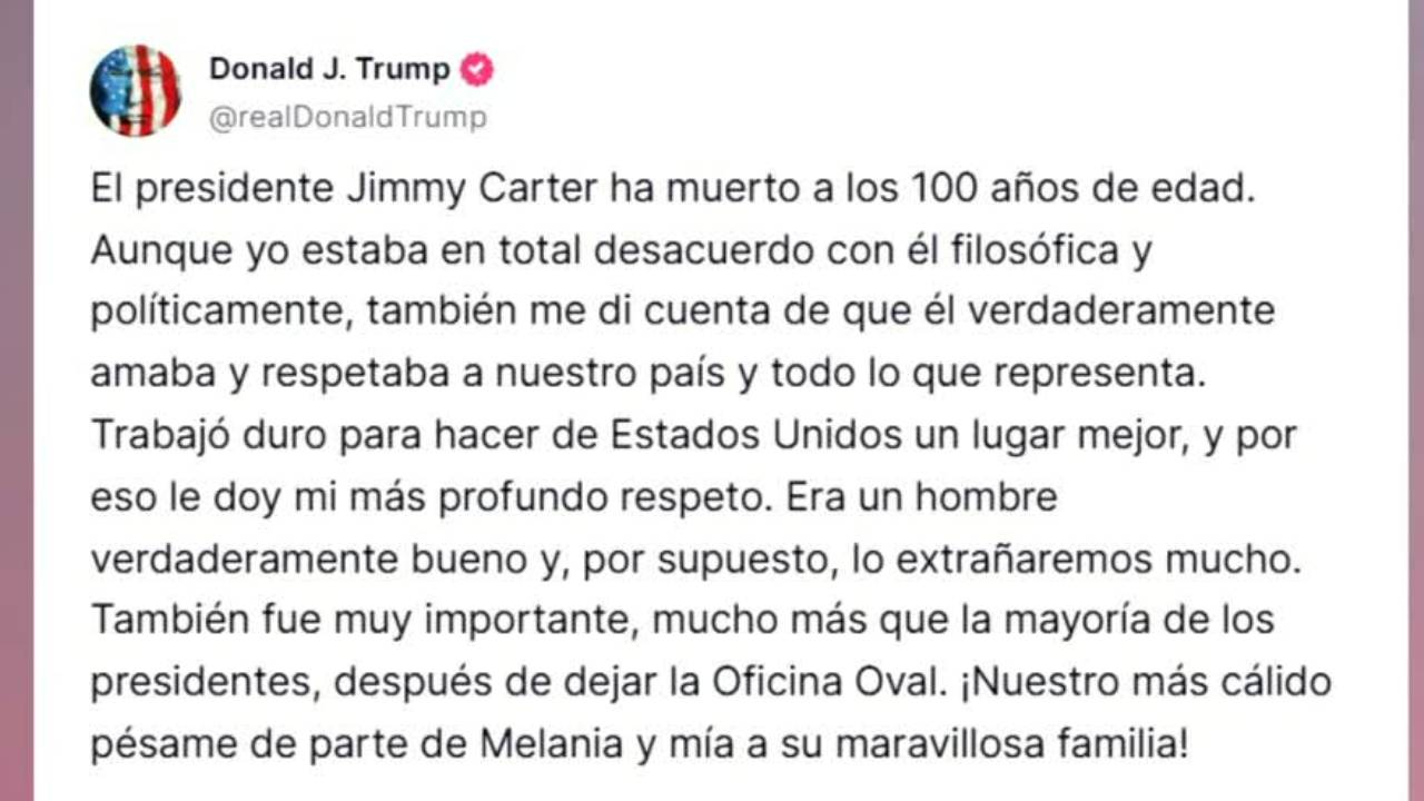 Condolencias a la familia Carter por mandatarios del gobierno de Estados Unidos
