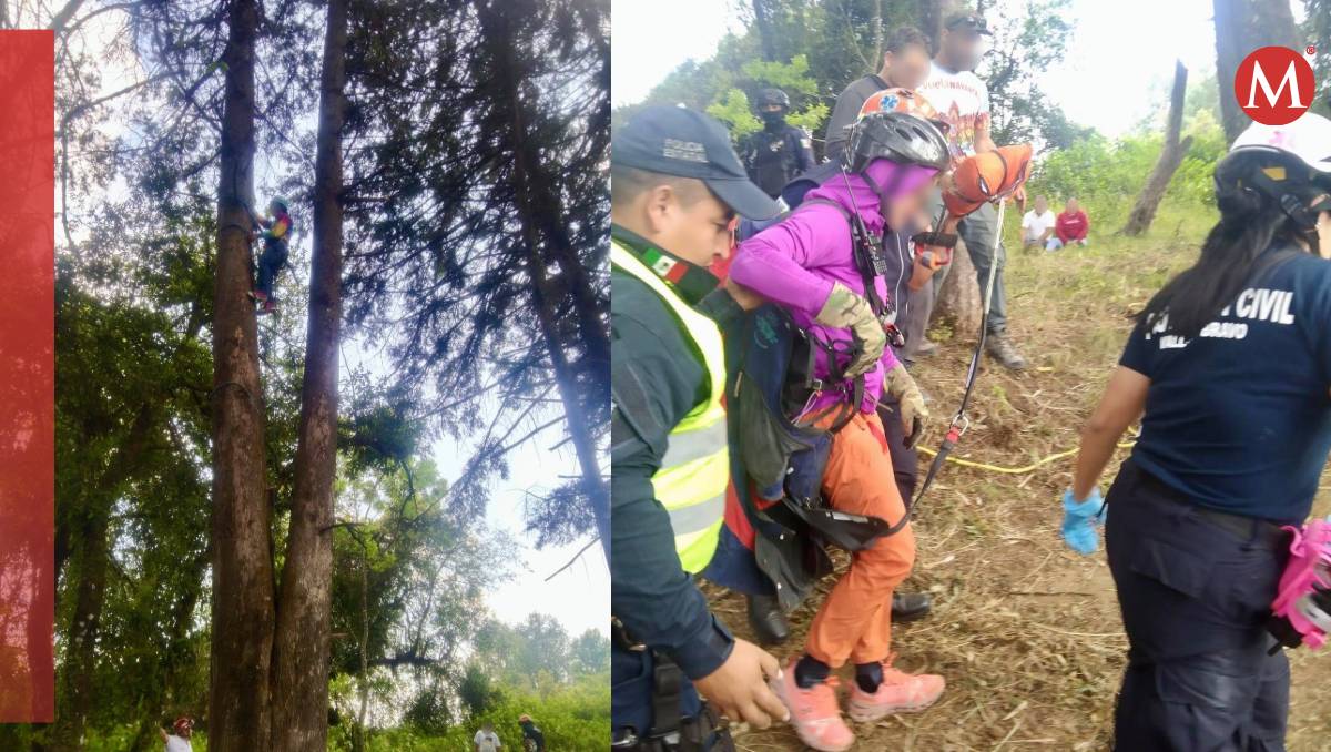 Rescatan a mujer extranjera atrapada en árbol tras caer con su parapente en Valle de Bravo, Edomex. | Especial