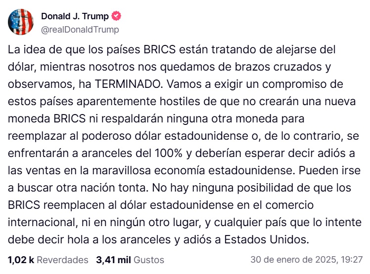 Donald Trump amaga con imponer aranceles a BRICS.