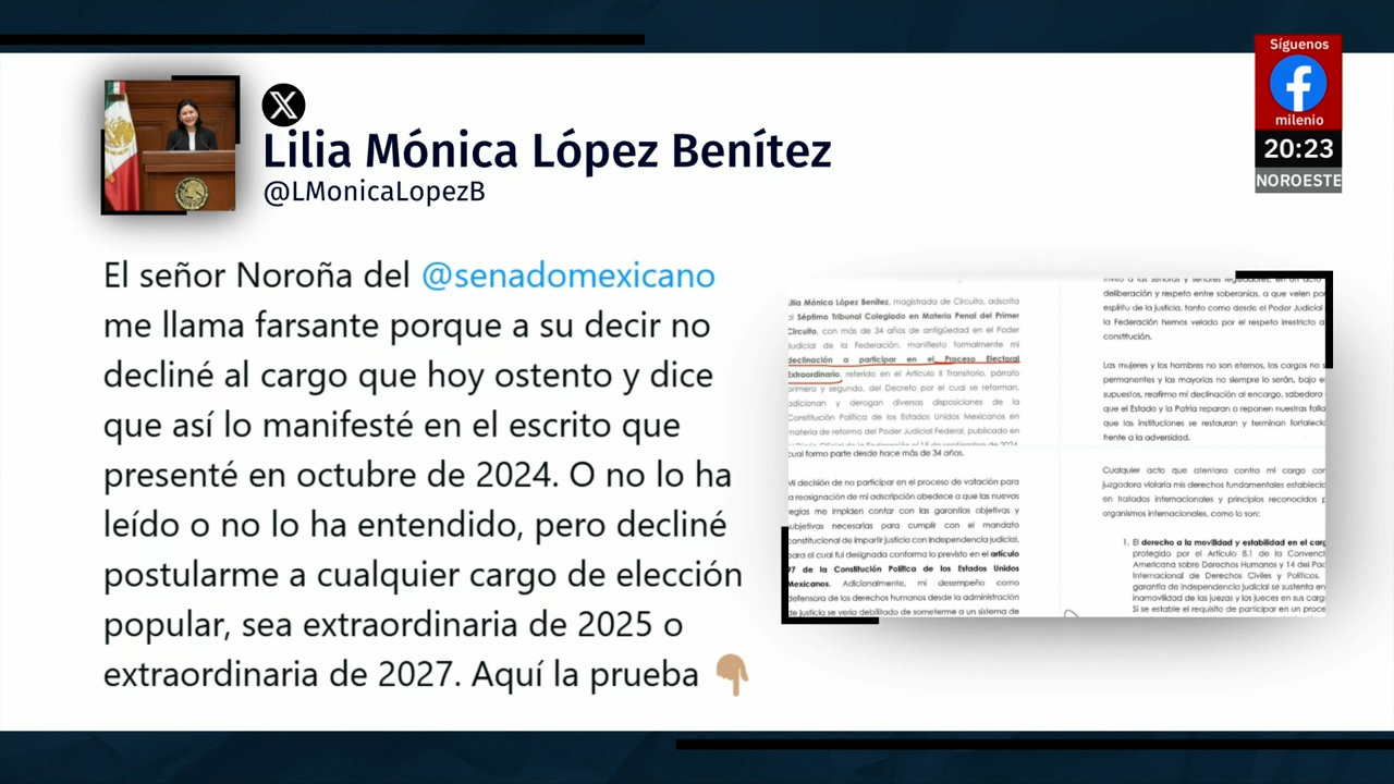 Lilia Mónica López responde a Fernández Noroña: "No acepto postulación para 2025 ni 2027"