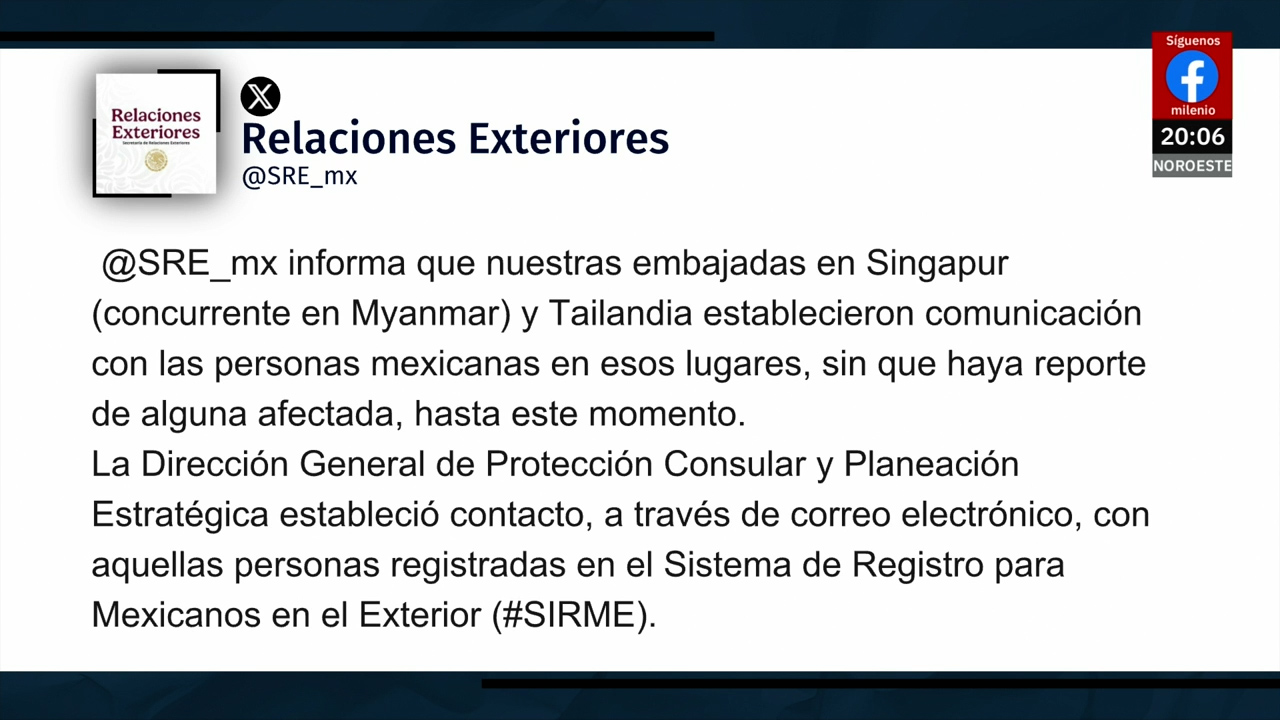 Mexicanos en Tailandia están a salvo tras sismo de 7.7 confirma SRE