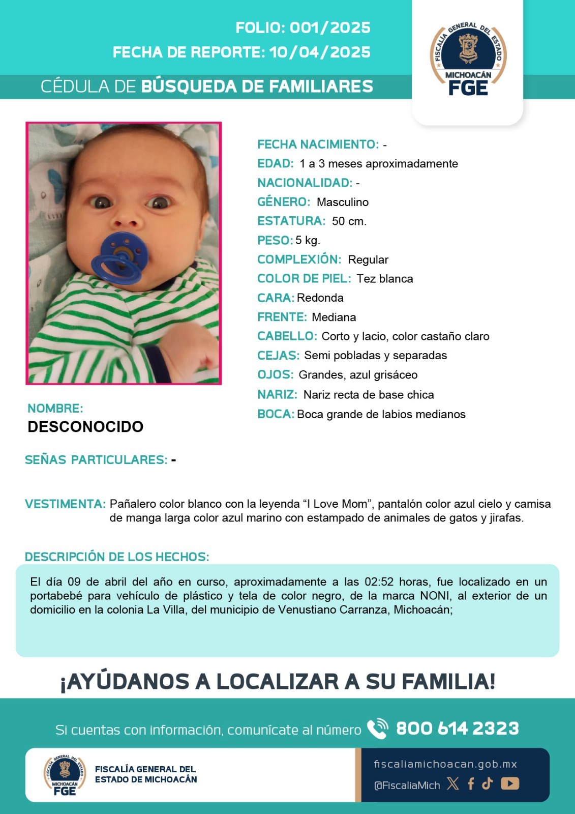 A través de sus redes sociales, la FGE difundió la fotografía del menor. | Especial