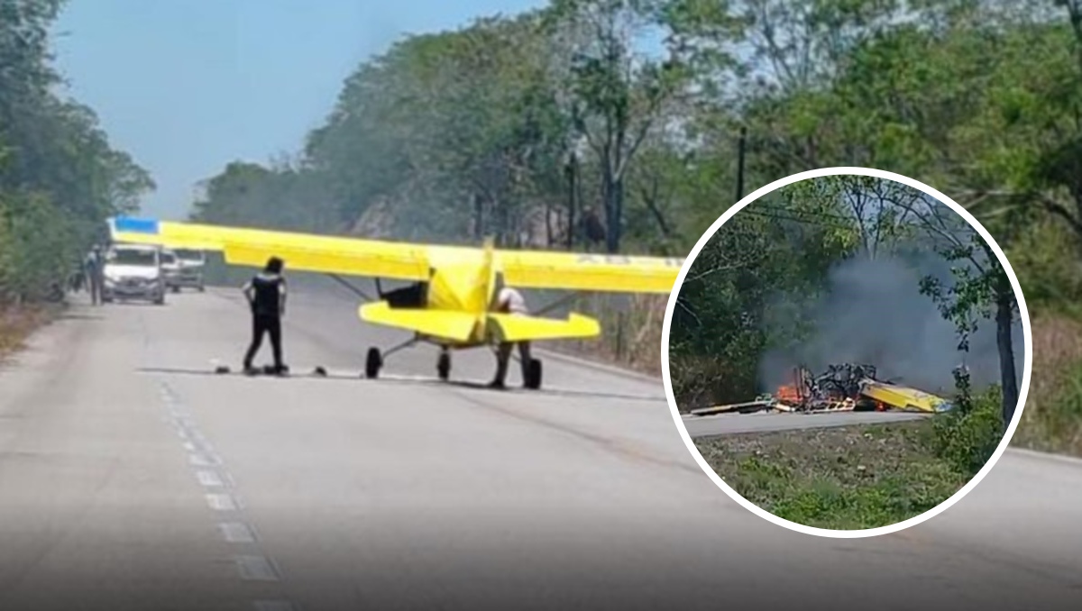 Avioneta aterriza de emergencia en Yucatán y se incendia