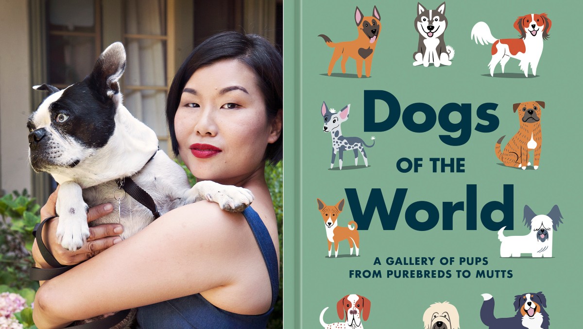 Lili Chin con su Boston Terrier Boogie y la portada de "Dogs of the World: A Gallery of Pups from Purebreds to Mutts". (Foto: AP)