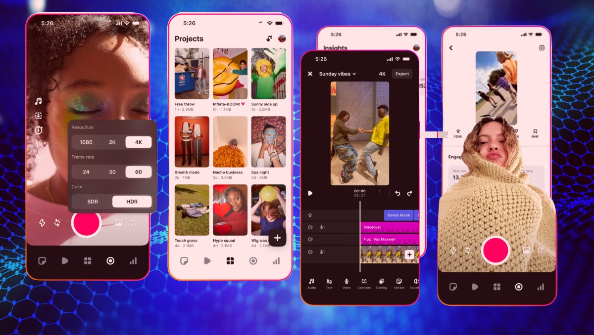 Capturas de pantalla de la app Edits de Meta, mostrando sus herramientas de edición de video. | Meta