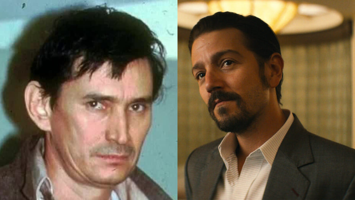 Miguel Ángel Félix Gallardo, cofundador del Cártel de Guadalajara; a la derecha, Diego Luna en su papel para Narcos: México | Especial/Netflix