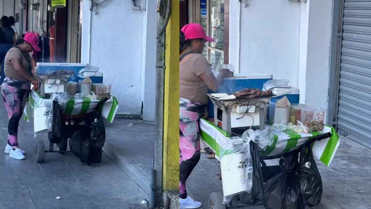 La mujer ofrece la carne asada en la calle Juan Ignacio Ramón, en el Centro de Monterrey | Especial
