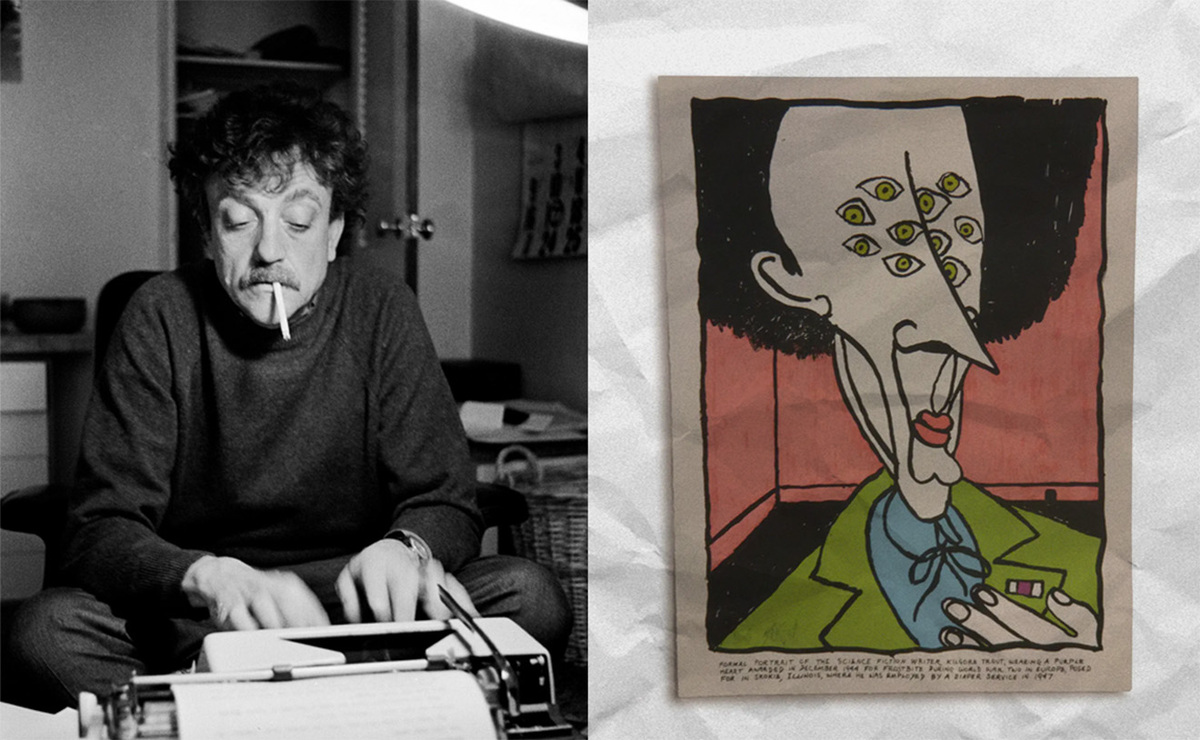 El escritor estadunidense Kurt Vonnegut. A la derecha, una ilustración de su alter ego Kilgore Trout.