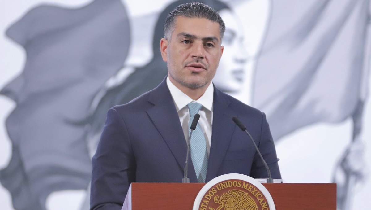 El secretario de Seguridad, Omar García Harfuch, en la conferencia mañanera de hoy. (Ariel Ojeda)