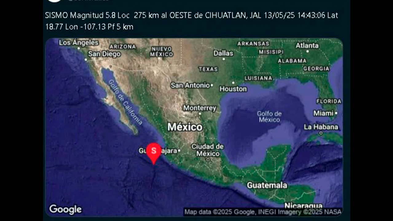 Registran sismo de magnitud 5.8 en Cihuatlán, Jalisco