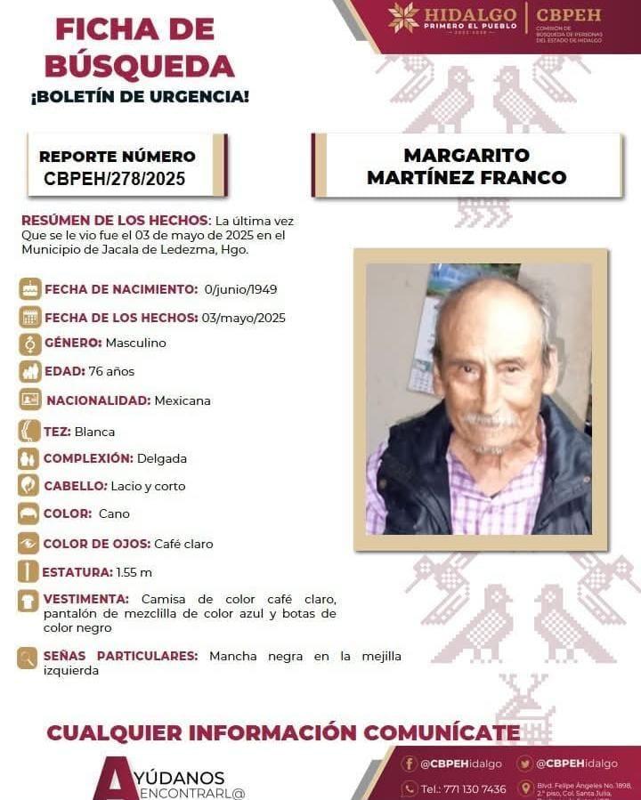 Margarito Martínez Franco lleva 11 días desaparecido