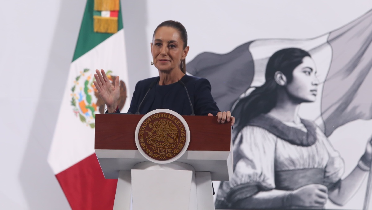 La Presidenta en su conferencia de prensa desde el Salón de Tesorería en Palacio Nacional. (Ariana Pérez)
