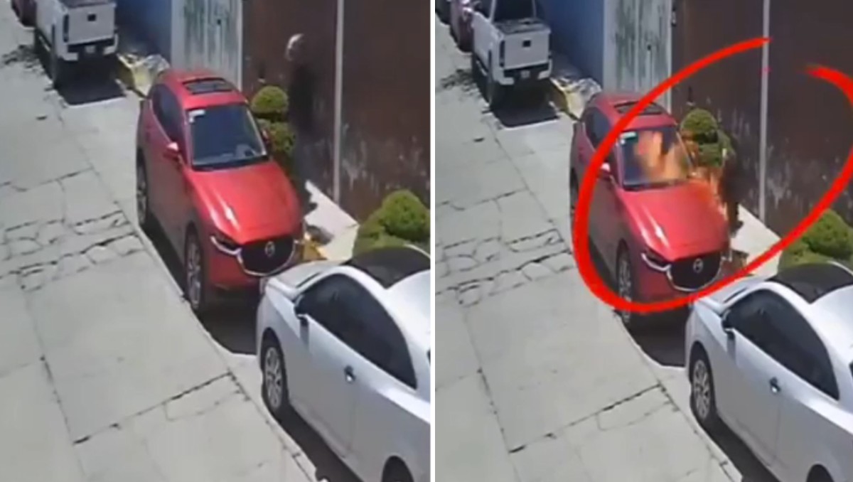 Cámaras de seguridad captaron a un motociclista que intentó incendiar un coche en la colonia López Mateos de Pachuca