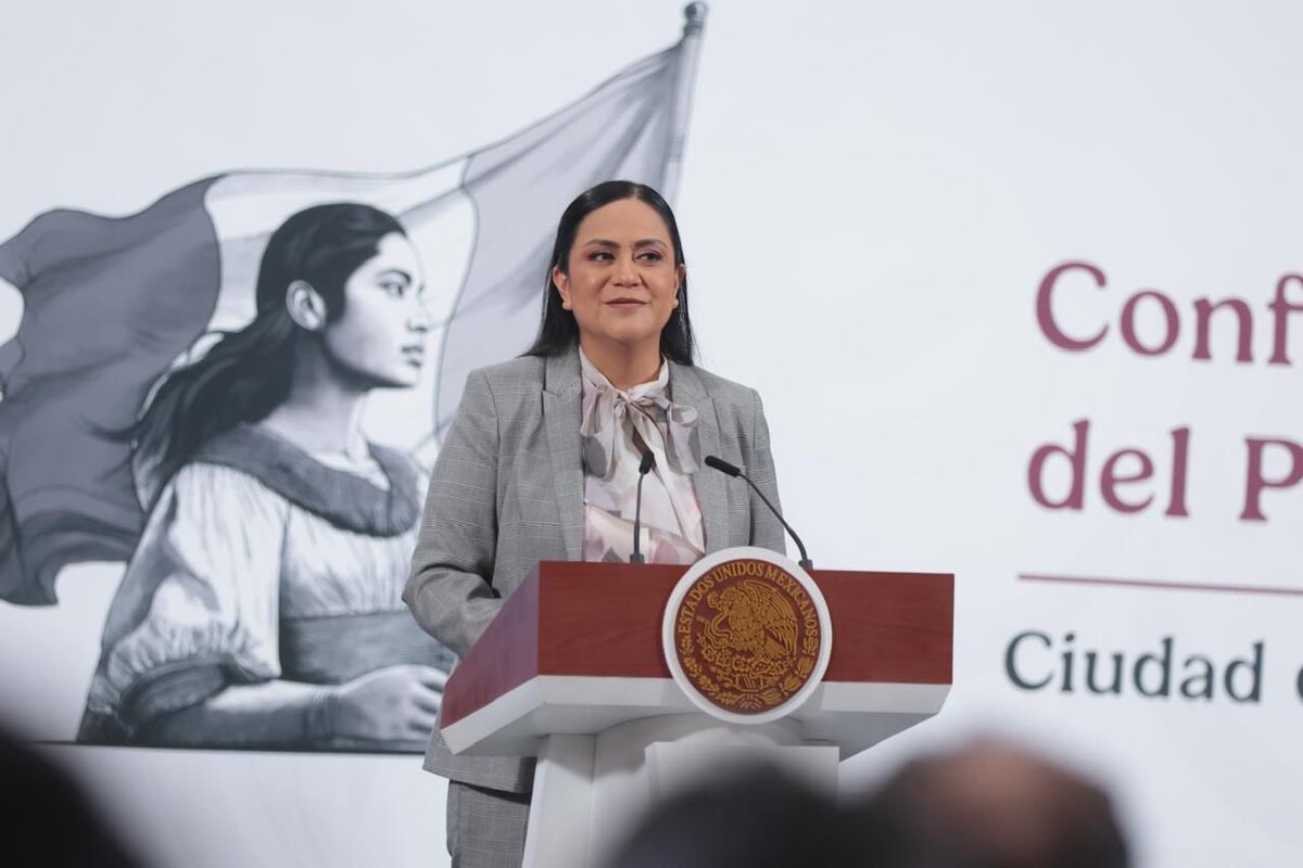 Ariadna Montiel, secretaria del Bienestar, en conferencia de prensa desde Palacio Nacional. | @A_MontielR