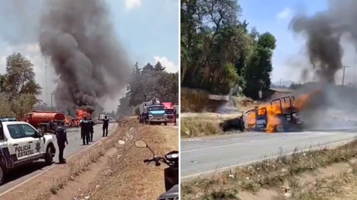 La patrulla calcinada quedó atravesada sobre la carretera libre México–Tuxpan